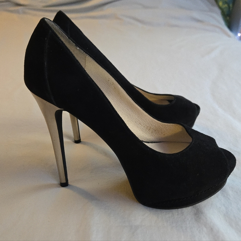 MICHAEL Michael Kors Black Suede Josie Peep-Toe Platform Heels Gold Stiletto